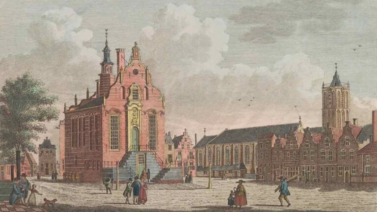 De Grote Markt van Schiedam, met links het oude stadhuis waar Jillis Bruggeman in 1803 werd opgehangen vanwege zijn homoseksualiteit.