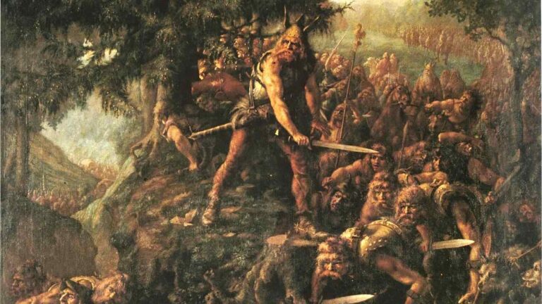 Ambiorix, koning van de Eburonen, een ‘Belgische’ stam uit het gebied tussen Maas en Rijn, neemt het op dit schilderij op tegen de Romeinen.