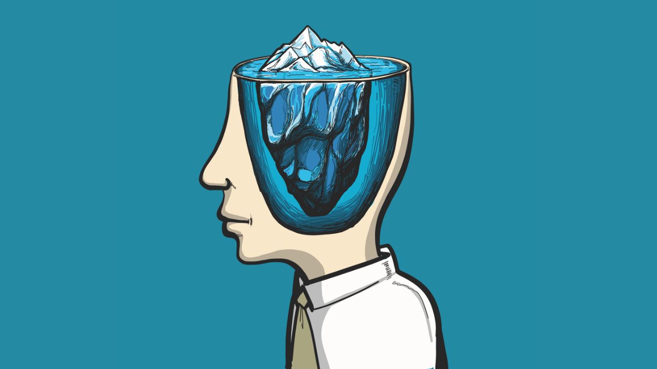 tekening van mens met ijsberg in hoofd ter illustratie van onderbewustzijn