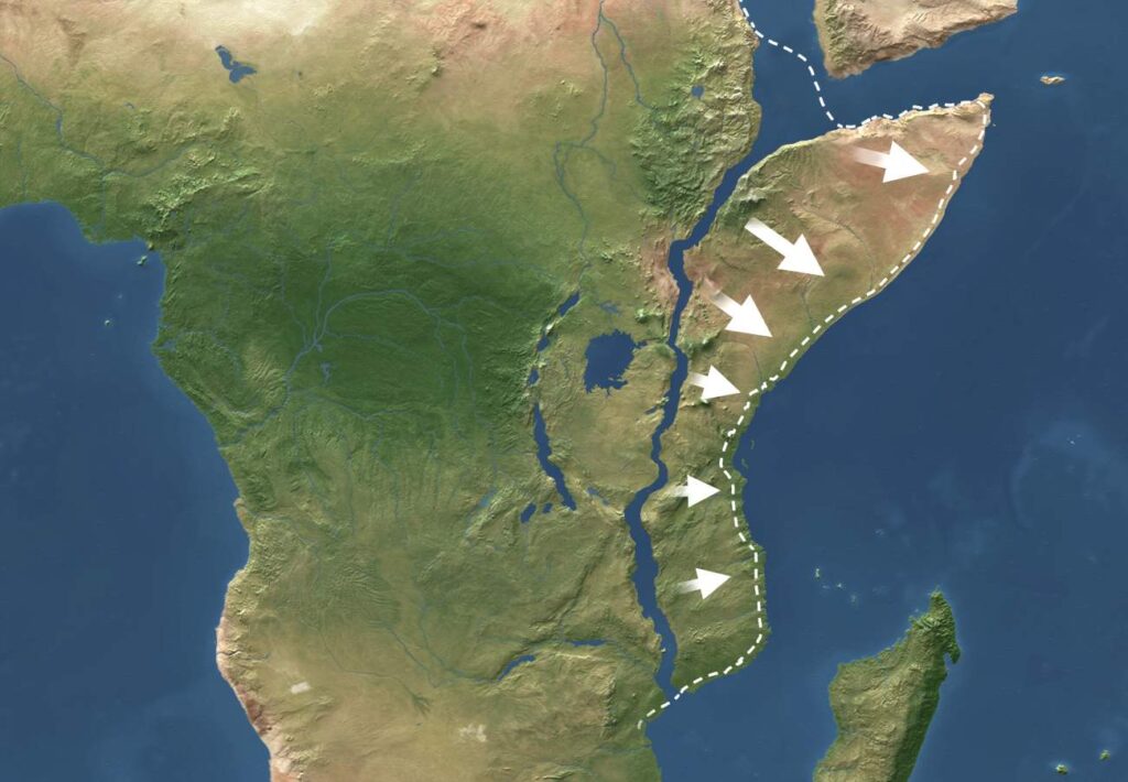 De Hoorn van Afrika beweegt bij de rest van het continent vandaan