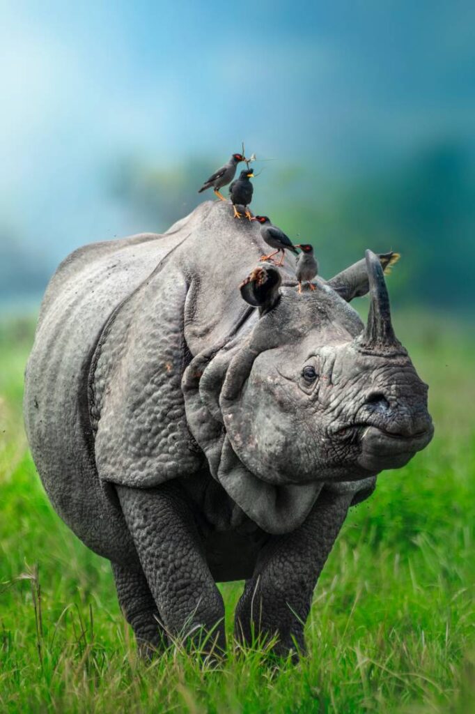 Indische neushoorn met vogels op zijn rug