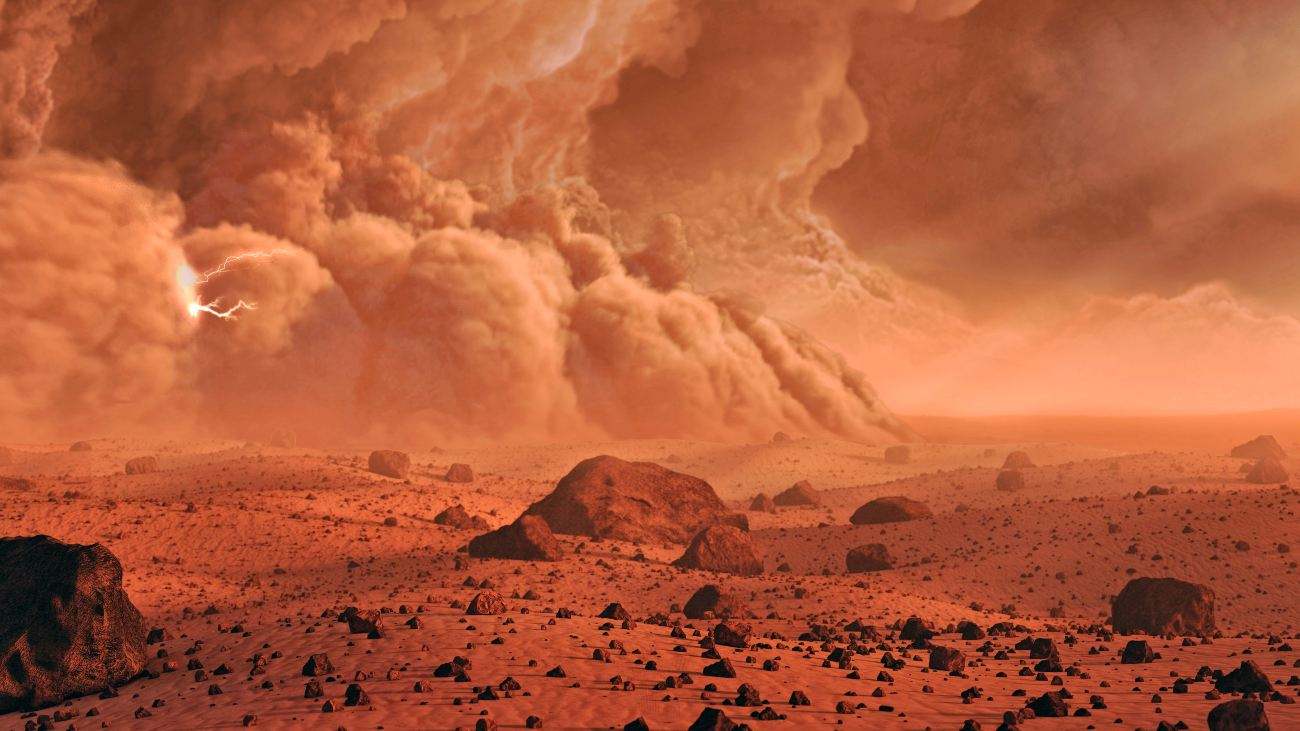 Bliksem in stofwolk op Mars
