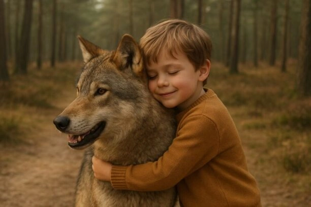 AI-beeld van kind dat wolf knuffelt