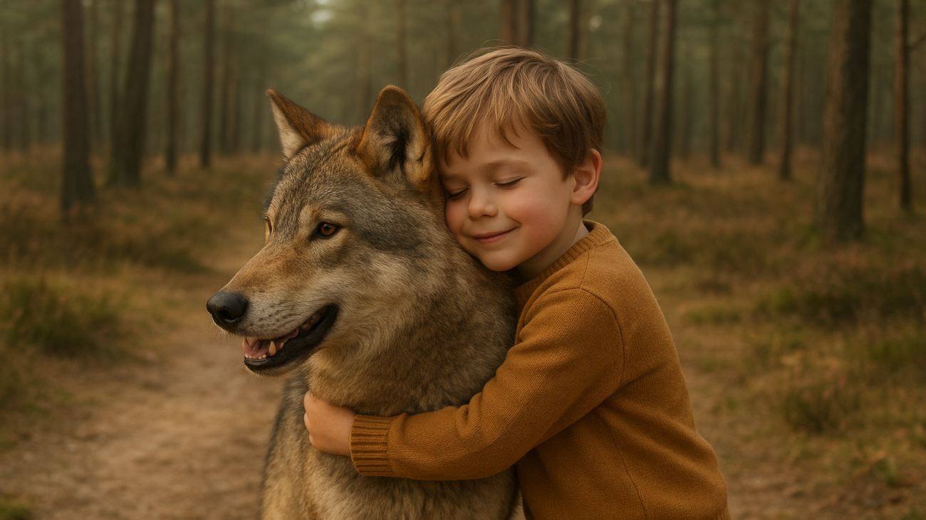 AI-beeld van kind dat wolf knuffelt