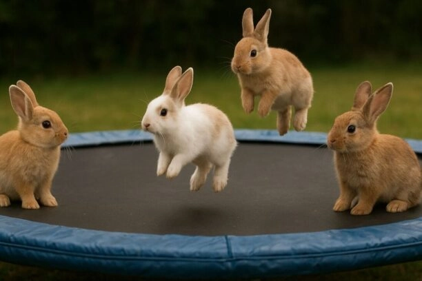 Konijnen op een trampoline, een beeld gemaakt door AI.