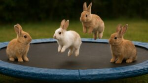 Konijnen op een trampoline, een beeld gemaakt door AI.