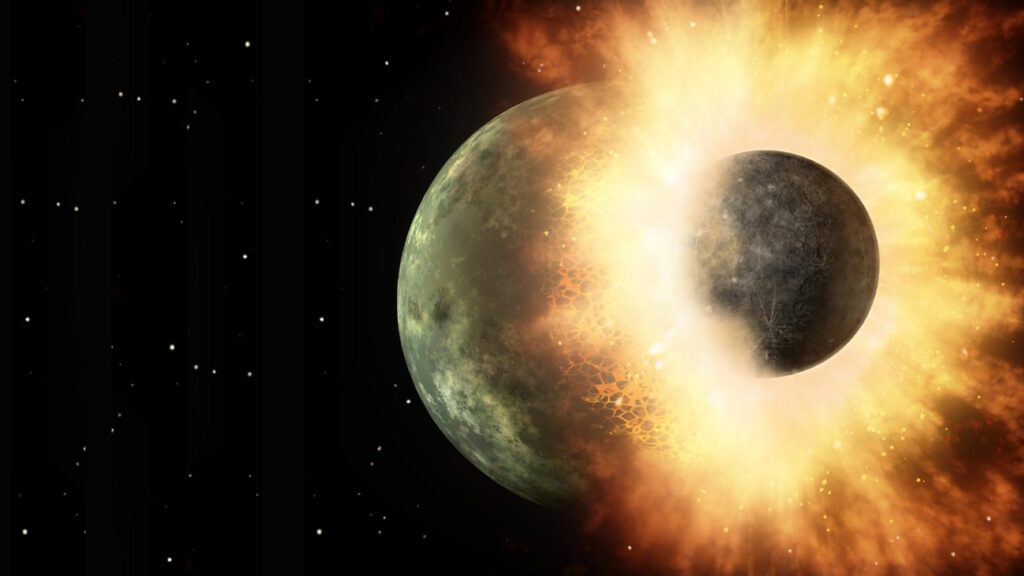 Illustratie van de botsing tussen de jonge aarde en Theia