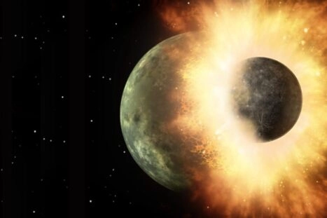 Illustratie van de botsing tussen de jonge aarde en Theia