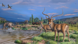 Een impressie van hoe Spanje eruit gezien moet hebben tijdens het pleistoceen, met in de achtergrond de Euraziatische bosolifant.