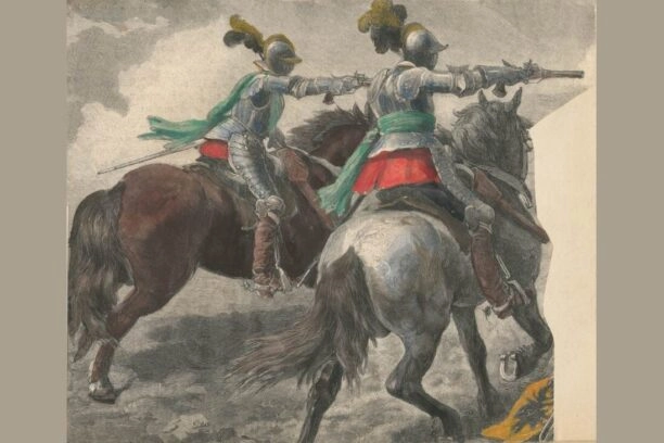 Ridders in harnas op paard en met geweer in hand