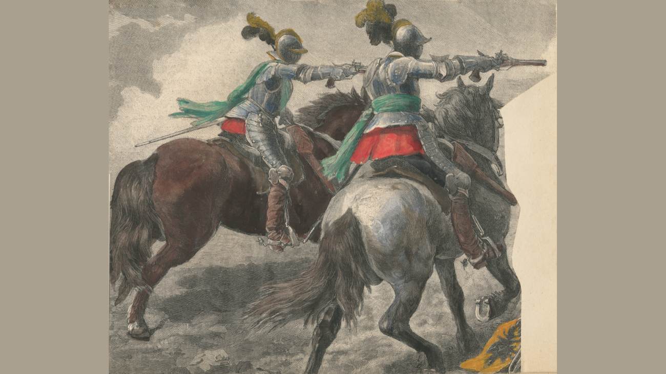 Ridders in harnas op paard en met geweer in hand