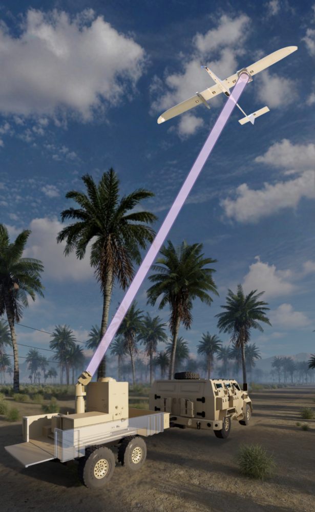 Conceptafbeelding van het grondstation dat een laser op een drone richt.