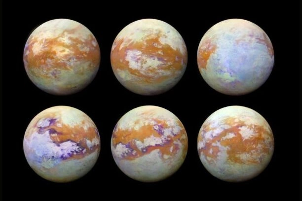 Deze zes infraroodfoto’s van Titan laten zien hoe het oppervlak van de maan eruitziet onder de dichte atmosfeer.