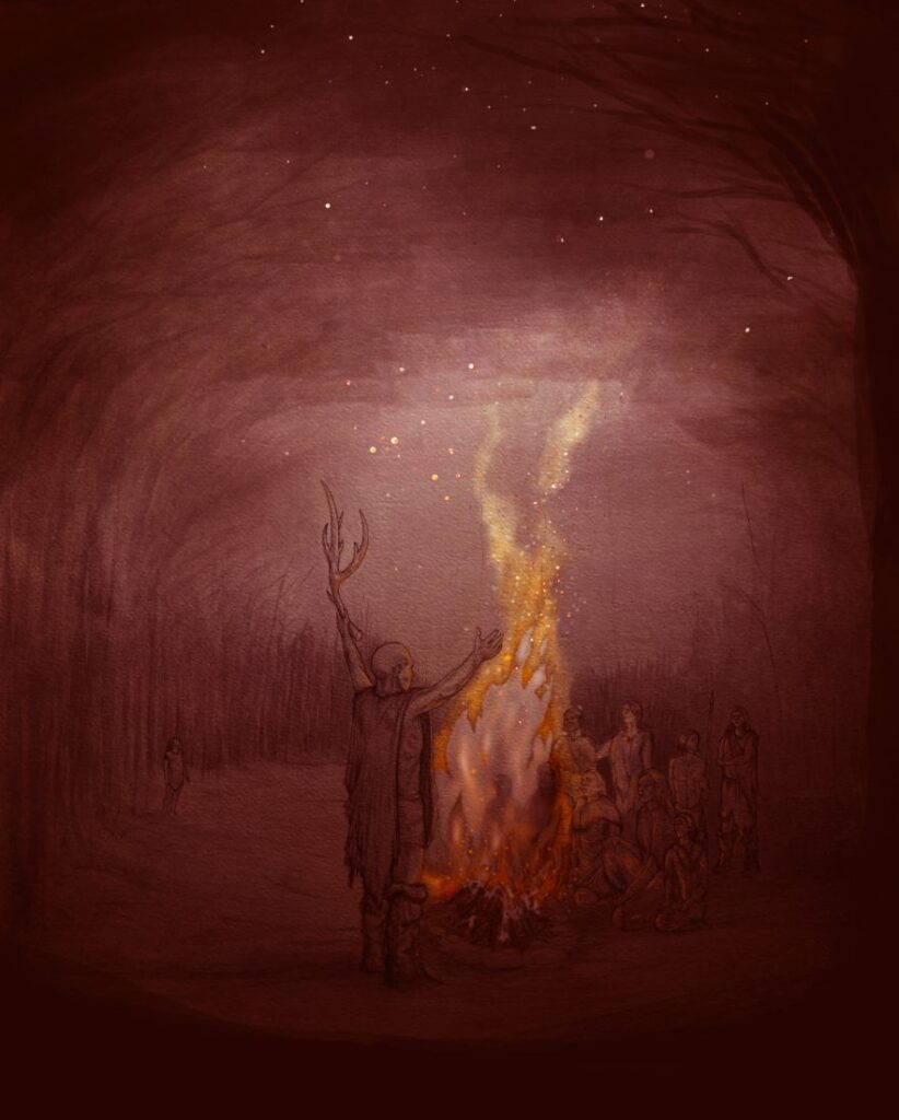Artistieke impressie van het vuur dat 400.000 jaar geleden in Barnham brandde