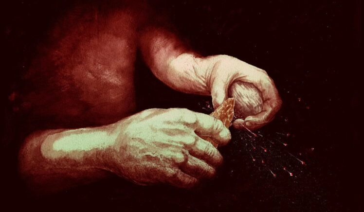 Tekening van iemand die vuur maakt met een vuurstenen vuistbijl en pyriet