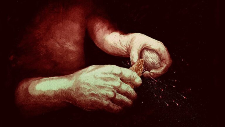 Tekening van iemand die vuur maakt met een vuurstenen vuistbijl en pyriet