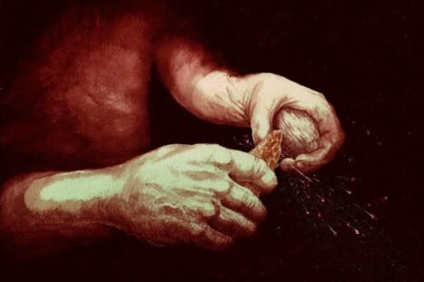 Tekening van iemand die vuur maakt met een vuurstenen vuistbijl en pyriet