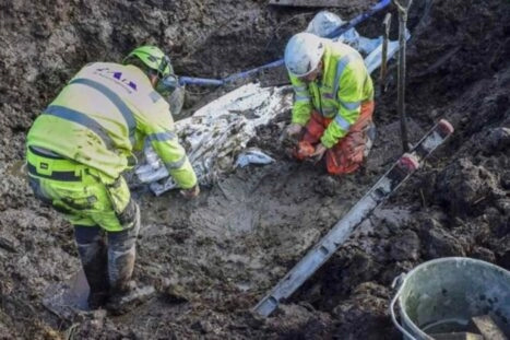 archeologen tijdens de opgraving van de hond