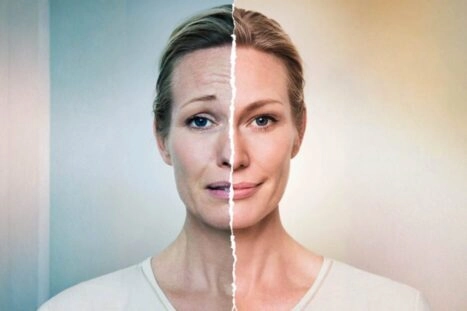 Vrouw die zowel verdrietig als blij kijkt, gemengde gevoelens