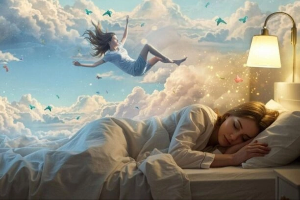 Vrouw die slaapt en een droomwereld waarin een vrouw zweeft, ter illustratie van lucide dromen