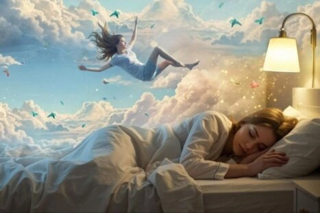 Vrouw die slaapt en een droomwereld waarin een vrouw zweeft, ter illustratie van lucide dromen
