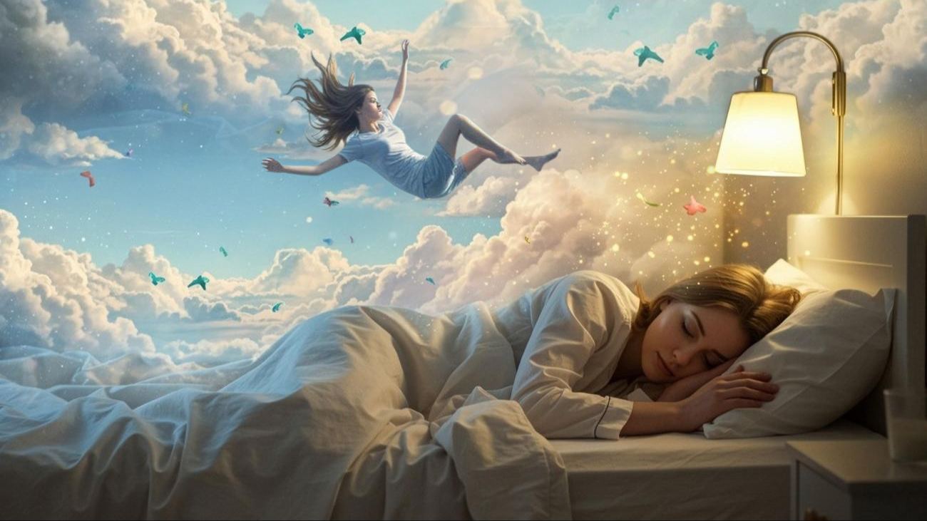 Vrouw die slaapt en een droomwereld waarin een vrouw zweeft, ter illustratie van lucide dromen