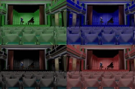 concertzaal in verschillende kleuren, het geluid ervaar je daardoor anders