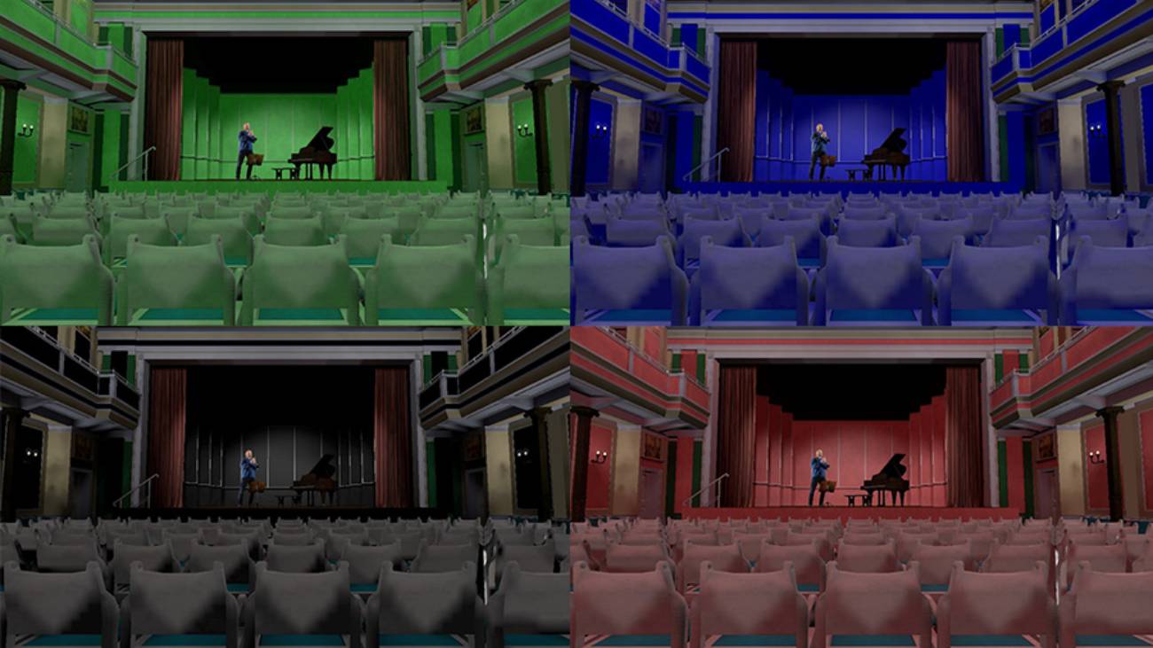 concertzaal in verschillende kleuren, het geluid ervaar je daardoor anders