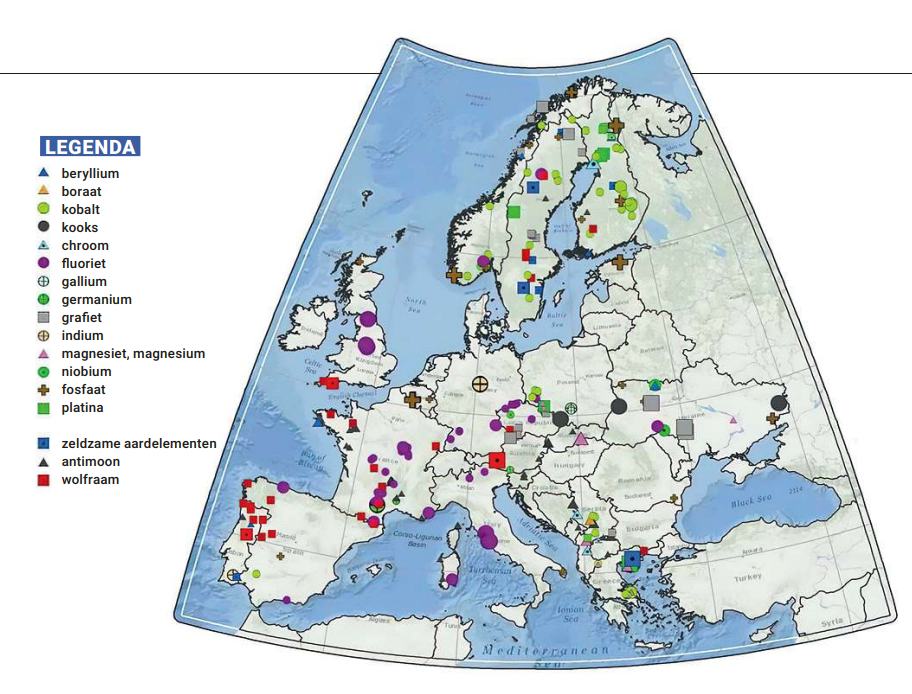Kaart met locaties van kritieke grondstoffen in Europa