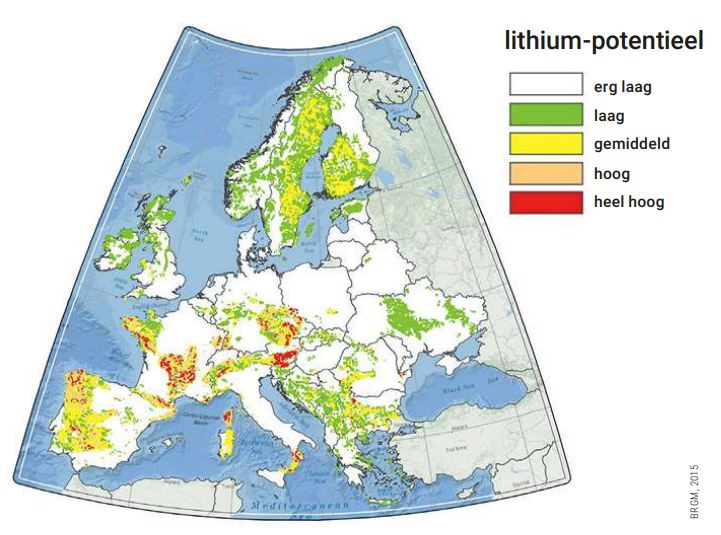 Kaart van Europa met plekken waar lithium in de bodem zit