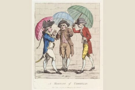 Oude tekening van drie mannen met paraplu