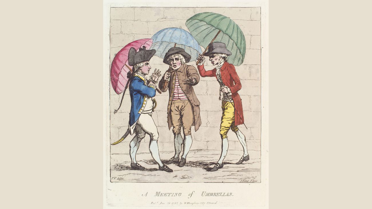 Oude tekening van drie mannen met paraplu