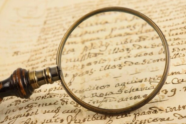 loep zoomt in op tekst, ter illustratie van forensische taalkunde