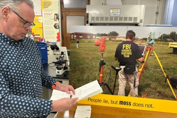 Matt von Konrad voor een poster over hoe mos misdaden kan helpen oplossen