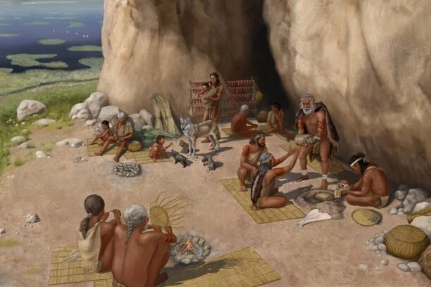 tekening van jagers-verzamelaars met een gedomesticeerde hond