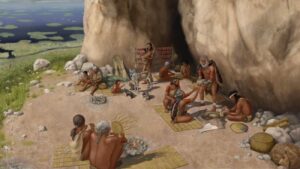 tekening van jagers-verzamelaars met een gedomesticeerde hond