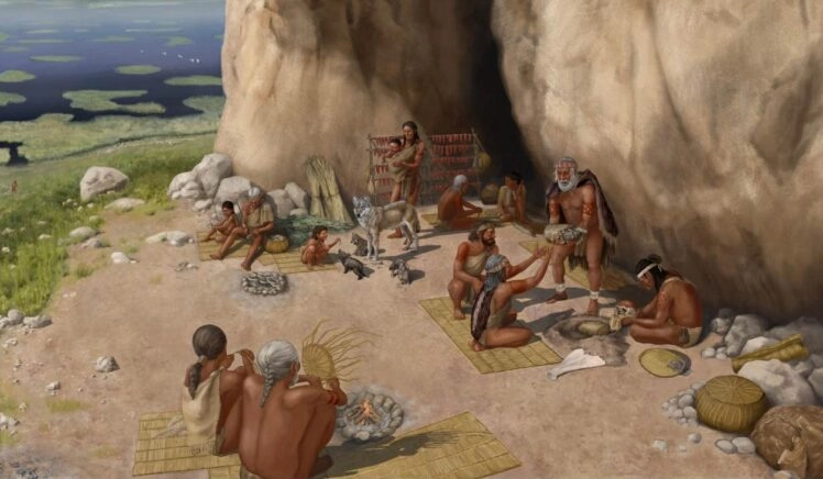 tekening van jagers-verzamelaars met een gedomesticeerde hond