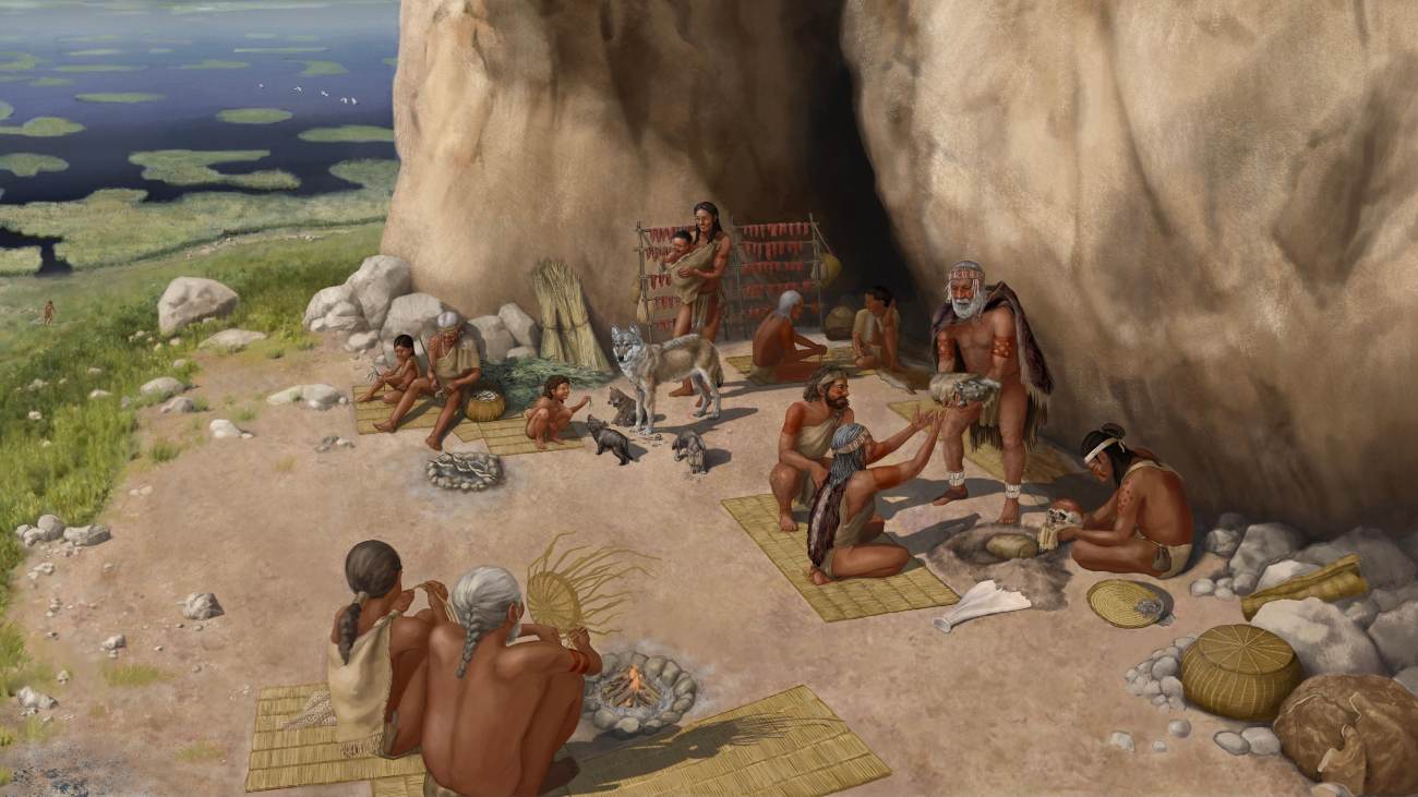 tekening van jagers-verzamelaars met een gedomesticeerde hond