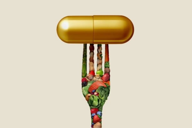 vork gemaakt van groeten met een pil op de punten, ter illustratie van een plantaardig dieet dat gezondheidsklachten vermindert