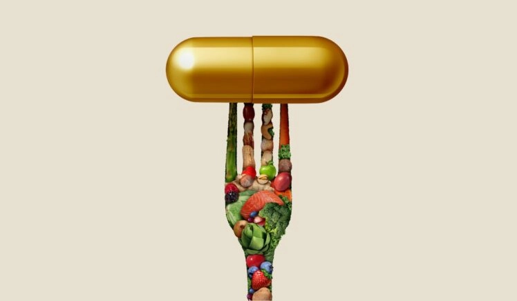 vork gemaakt van groeten met een pil op de punten, ter illustratie van een plantaardig dieet dat gezondheidsklachten vermindert