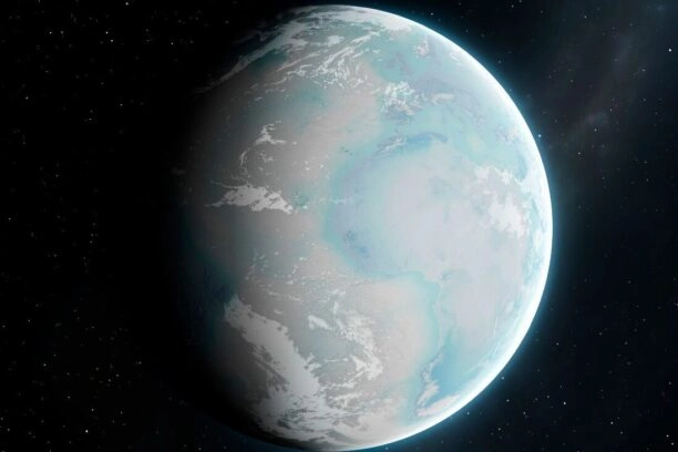 Aarde vanuit de ruimte gezien, maar dan bedekt met sneeuw en ijs omdat de zon is verdwenen