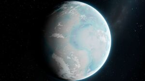 Aarde vanuit de ruimte gezien, maar dan bedekt met sneeuw en ijs omdat de zon is verdwenen