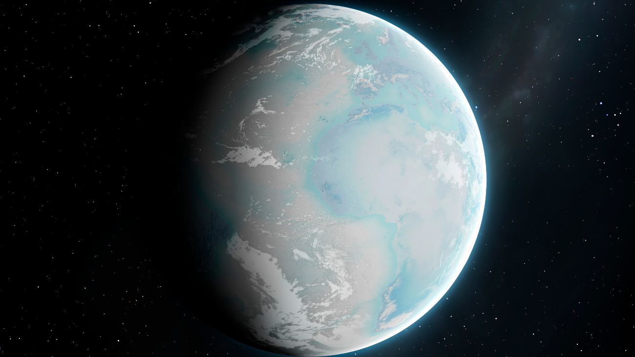 Aarde vanuit de ruimte gezien, maar dan bedekt met sneeuw en ijs omdat de zon is verdwenen