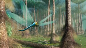 Tekening van grote vliegende insecten uit het carboon, ze lijken op libellen