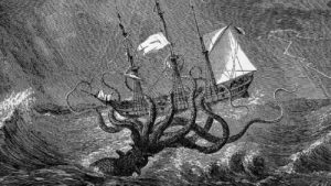 tekening van kraken dei schip aanvalt