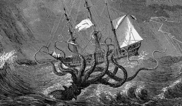 tekening van kraken dei schip aanvalt