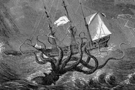 tekening van kraken dei schip aanvalt