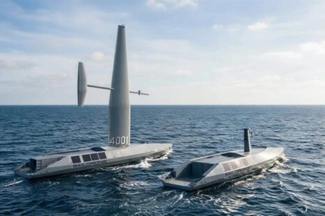 Twee varianten van de Saildrone Spectre, een met vleugel en een zonder