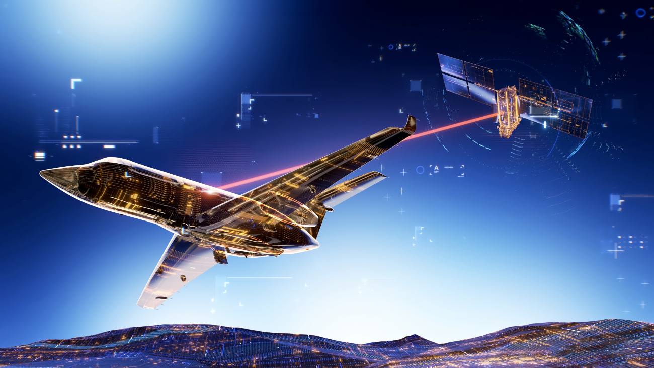 tekening van satelliet die via laser communiceert met vliegtuig