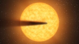 Artistieke impressie van een komeetachtige staart van een uiteenvallende planeet die voor zijn moederster langs beweegt